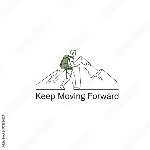 Keep moving forward graphic illustration with hiker and mountain