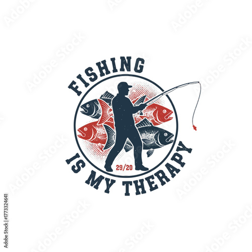 Fishing is my therapy logo with fisherman and fish illustration