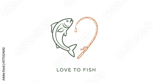 Love to fish logo with fish and fishing rod heart illustration