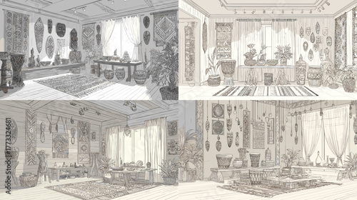 Elegant ethnic interior line art with cultural decorations, woven patterns, and handcrafted ornaments in a cozy traditional room sketch.