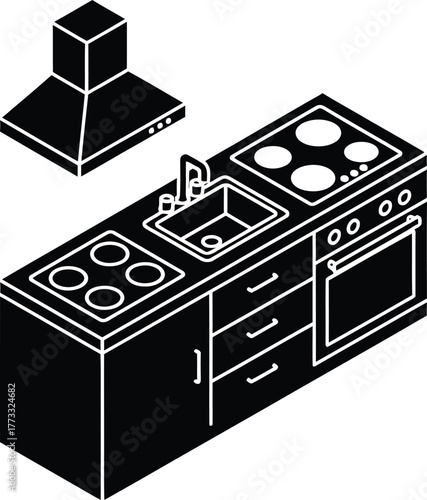 Isometric kitchen counter with stove sink and range hood