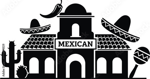 Mexican restaurant building with sombreros cacti and chili peppers