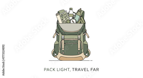 Illustration of a backpack filled with travel essentials, encouraging light packing and far travel