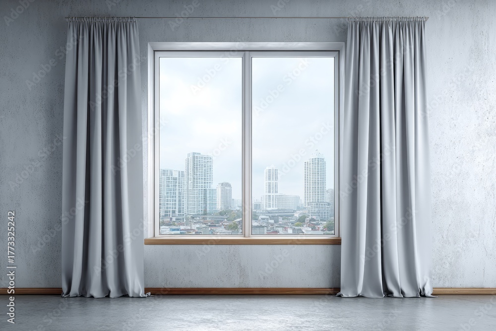 Fototapeta premium Modern room with a large window and gray curtains revealing city skyline.