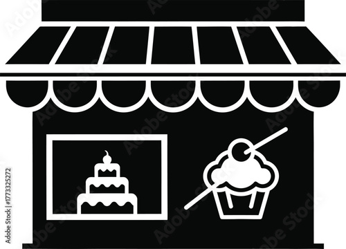 Black and white icon of a bakery with cake and cupcake