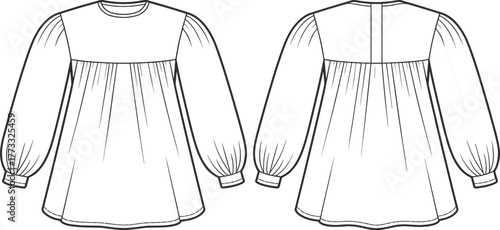 Fashion illustration, technical blouse sketch, long sleeve design, gathered yoke detail, voluminous sleeve drawing, round neckline, garment construction, apparel technical flat