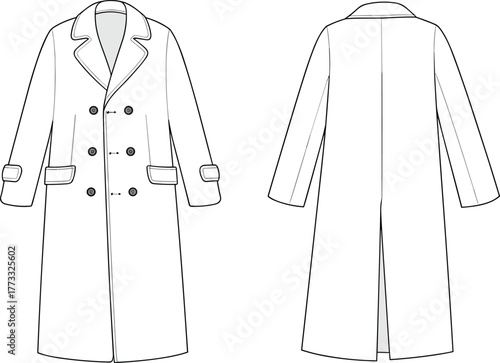 Fashion illustration, technical coat sketch, long double breasted design, notched lapel collar, flap pocket detail, tailored silhouette drawing, apparel construction, garment technical flat