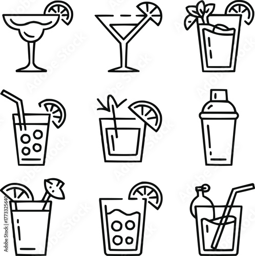Cocktail Drinks Outline Icon Set Mixology and Bar Beverage Symbols