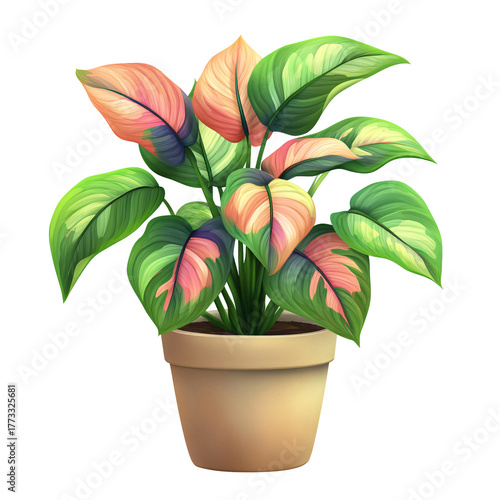 Pink And Green Houseplant In Beige Pot