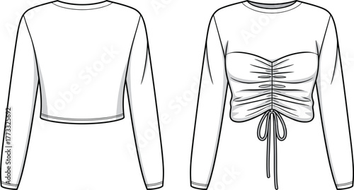 Fashion illustration, technical crop top sketch, long sleeve design, ruched drawstring detail, adjustable tie accent, round neckline, apparel construction, garment technical flat