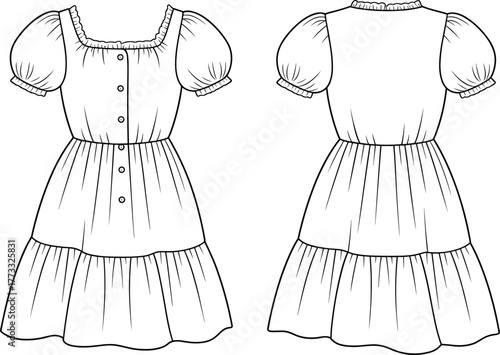 Fashion illustration, technical dress sketch, puff sleeve design, tiered skirt drawing, ruffle neckline detail, button front closure, garment construction, apparel flat