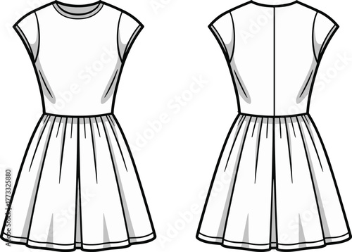 Fashion illustration, technical dress sketch, short sleeve design, fitted bodice detail, gathered flared skirt, round neckline drawing, garment construction, apparel technical flat