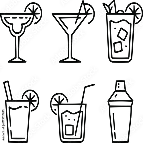 Cocktail Drinks Outline Icon Set Mixology and Bar Beverage Symbols