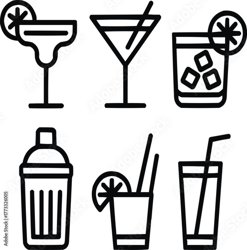 Cocktail Drinks Outline Icon Set Mixology and Bar Beverage Symbols