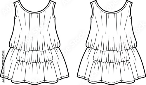 Fashion illustration, technical dress sketch, sleeveless tiered design, round neckline detail, gathered layered silhouette, flared hem drawing, garment construction, apparel technical flat