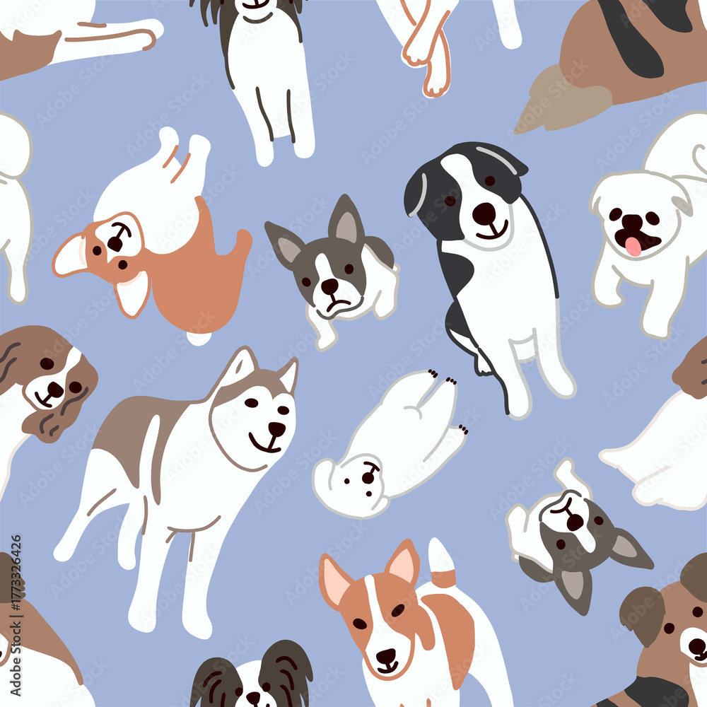 Obraz premium Seamless pattern with various cute dog breeds in playful poses on a blue background