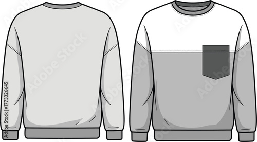Fashion illustration, technical sweatshirt sketch, long sleeve design, color block detail, chest pocket accent, ribbed cuff drawing, garment construction, apparel technical flat