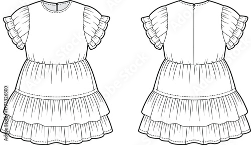 Girl’s tiered dress flat sketch, fashion technical drawing, ruffle sleeve garment design, kidswear apparel illustration, layered clothing vector for stock