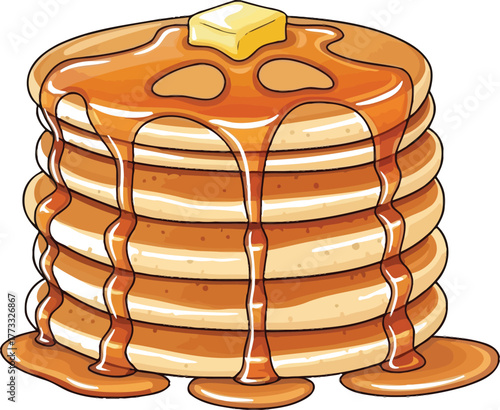 Stack of delicious pancakes with butter and syrup for breakfast illustration