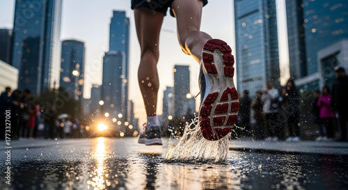 Wallpaper Mural Marathoner Splashes Through City Streets in Pursuit of Fitness Goals and Achievement in Athletic Urban Environment Torontodigital.ca