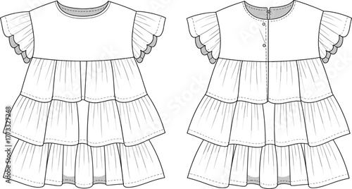 Tiered dress fashion flat sketch, technical clothing illustration, flutter sleeve garment design, layered silhouette apparel drawing, kidswear and womenswear stock vector