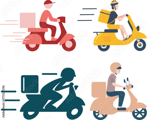 Delivery rider on motorcycle with parcel, food courier service, express delivery man on urban road icon sheet