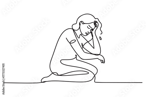 Cartoon of tired mother suffering from experiencing postnatal depression single mom motherhood stress. one line Icon drawing with white background