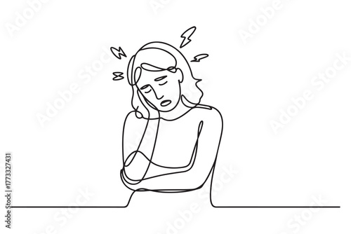 Cartoon of tired mother suffering from experiencing postnatal depression single mom motherhood stress. one line Icon drawing with white background