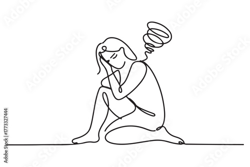 Cartoon of tired mother suffering from experiencing postnatal depression single mom motherhood stress. one line Icon drawing with white background