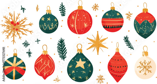 Vector set illustration of Christmas tree decorations, including winter holiday ornaments, balls, and hanging snowflakes