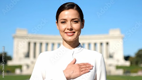 Woman pledging allegiance with hand over her heart outdoors