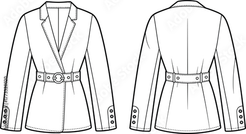 Women's blazer fashion sketch, technical flat illustration, belted waist design, front and back view, apparel template, vector drawing