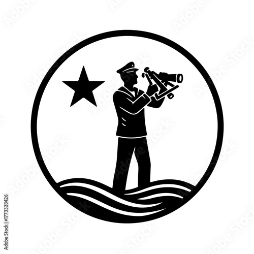 Black and white minimalist icon of a standing seafarer (with telescope/sextant) under a guiding star constellation, symbolizing expertise, celestial navigation, the vigilance of maritime professionals