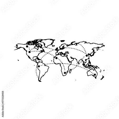 Black and white minimalist icon of a world map with connected dotted points, symbolizing global cooperation, international networking, and universal public service
