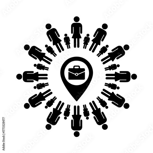 Diverse people gathered around a central location pin/briefcase, symbolizing inclusive public service delivery and good governance for all. Perfect for United Nations Public Service Day