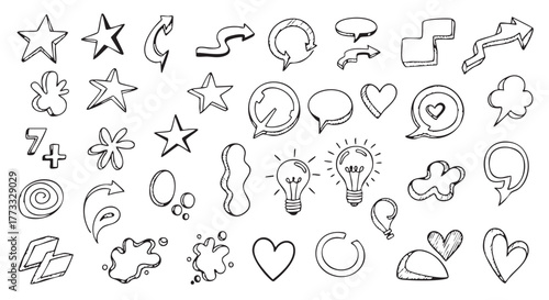 Hand Drawn Doodles Set of Various Shapes Stars Arrows and Symbols