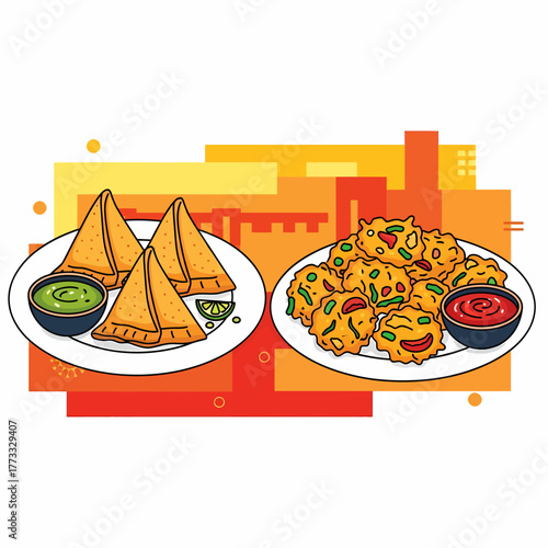 Two plates of Indian snacks, samosas and pakoras, with dipping sauces, a colorful illustration.