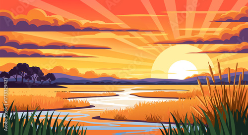 Vibrant sunset over a tranquil river flowing through golden marshlands, creating a serene and colorful natural landscape with a warm glow
