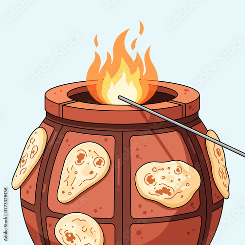 Illustration of a traditional clay tandoor oven with fire, naan bread cooking on the sides, and a metal skewer.