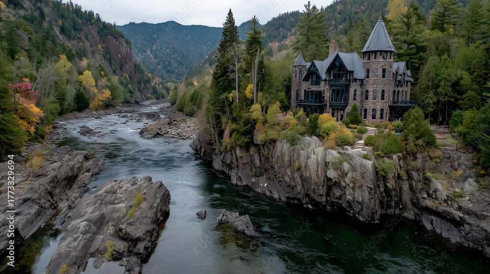 Fototapeta premium Beautiful private mansion in the middle of forest and river passing in front.