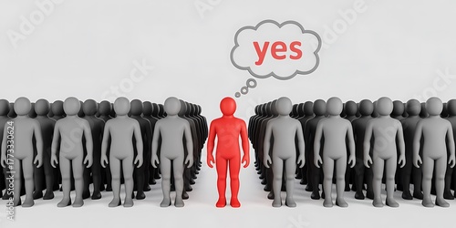 Red figure in crowd thinking yes with thought bubble on white background agreement approval Modern Digital Business Concept