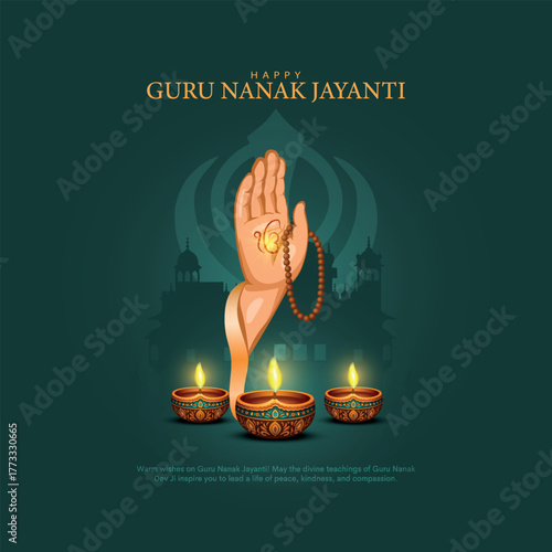 guru nanak jayanti with hand blessings vctor with diyas and golden temple.