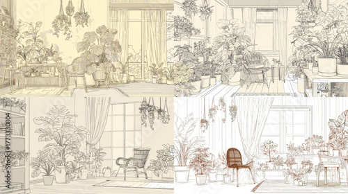 Cozy indoor garden line art with potted plants, natural light, and wooden furniture, capturing calm botanical interior design in minimal sketch style.