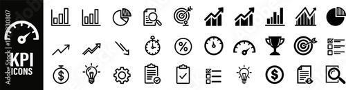 KPI line icons set.  KPI line bold black icons set featuring key performance indicator symbols for business analytics, growth, and success tracking. Perfect for dashboards, presentations, and reports.