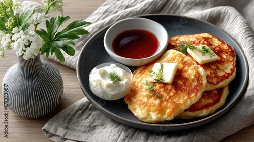 Wallpaper Mural High Angle View Of Golden Brown Pancakes With Butter And Syrup On A Dark Plate Served With Whipped Cream And A Small Vase Of White Flowers On A Wooden Table Torontodigital.ca