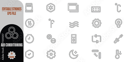 Air Conditioning Controls Icons, a set of 21 editable EPS line art icons representing various functions ideal for smart home apps and appliance interfaces
