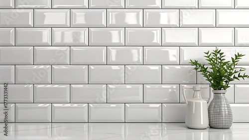 Subway tile wall background with decorative vases