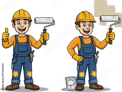 Cartoon construction workers painting wall, cheerful builders with paint rollers, teamwork, hard hats, renovation, maintenance, bucket, illustration, occupational character design