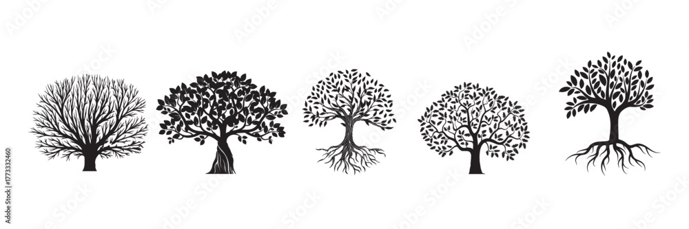 Naklejka premium “Black & White Tree Icon Set – 5 Stylized Trees with Bare Branches, Roots & Leafy Canopies on White Background for Botanical, Eco & Educational Design”