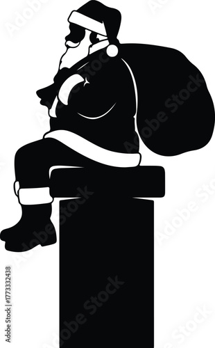 Vector Santa Claus sitting on chimney with gift bag silhouette illustration
